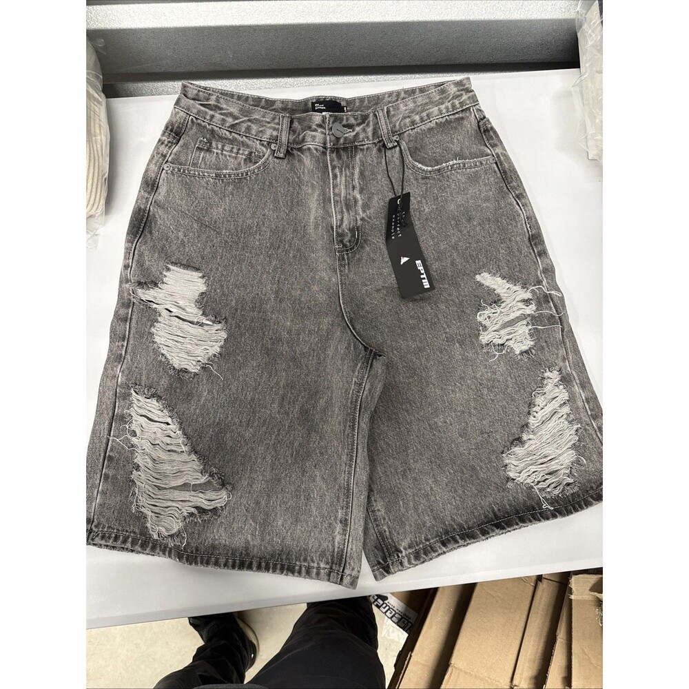 NWT EPTM Black Metal Distressed Grey Denim Jorts Shorts Men's 36 L